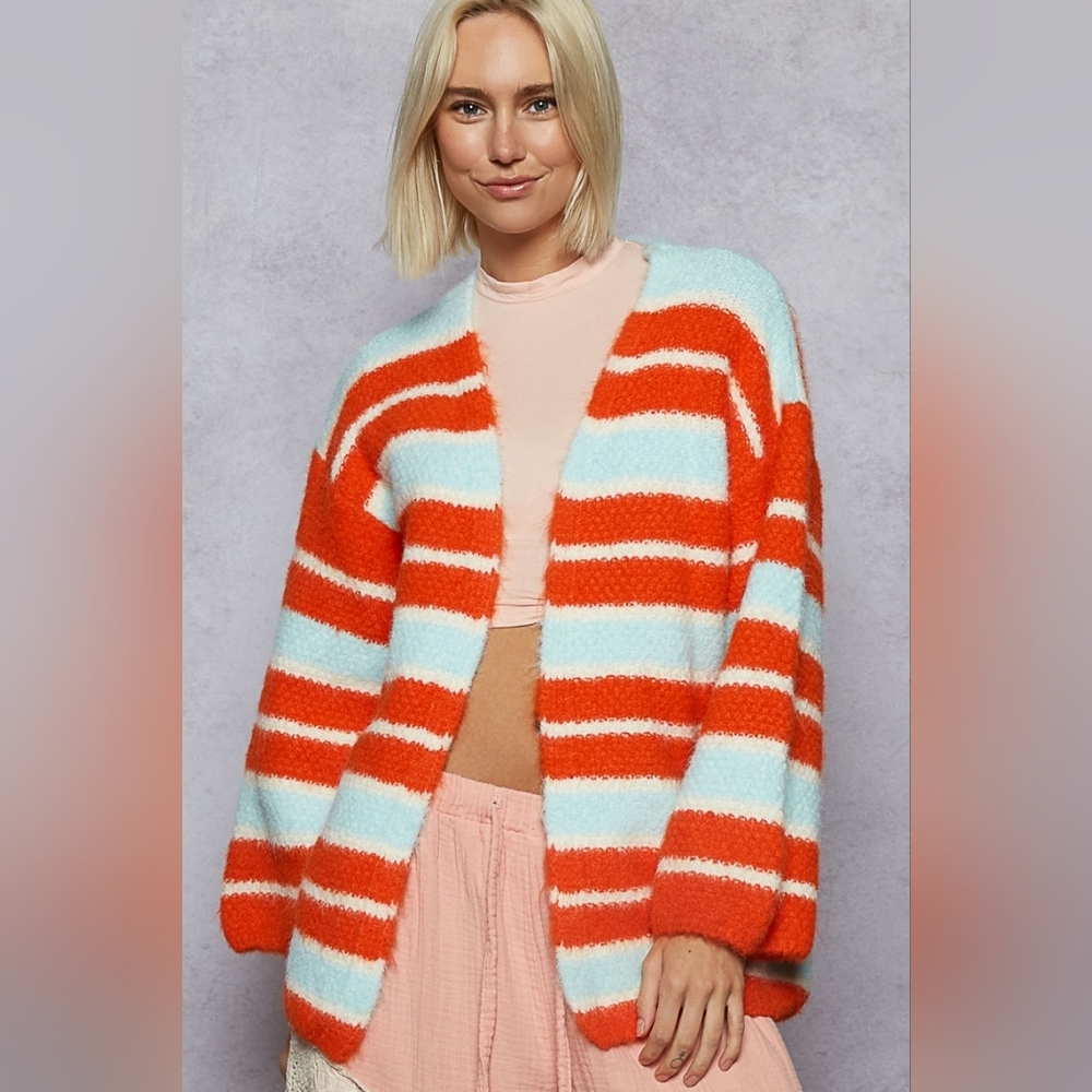 ​POL Orange & Light Blue Striped Fuzzy Knit Open Cardigan Sweater